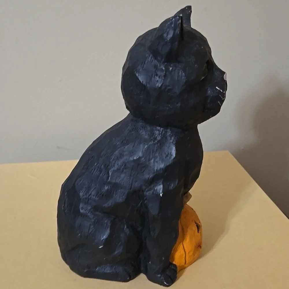 Halloween Black Cat Resin Figurine with Pumpkin 9 Inches